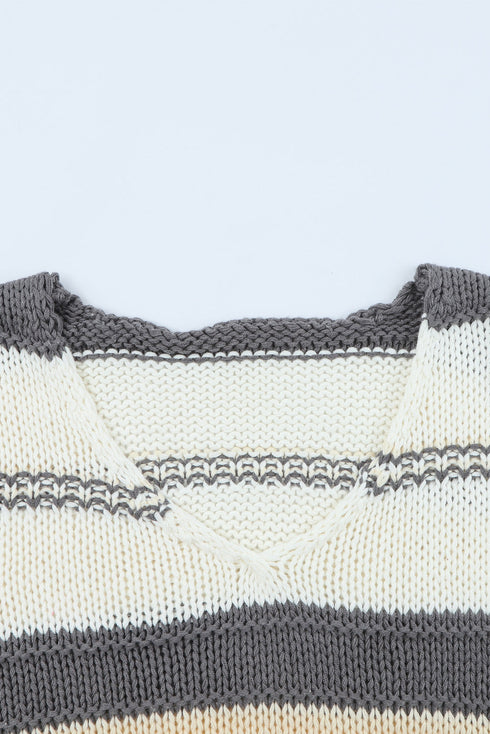 V-Neck Knitted Lantern Sleeve Pullover Sweater